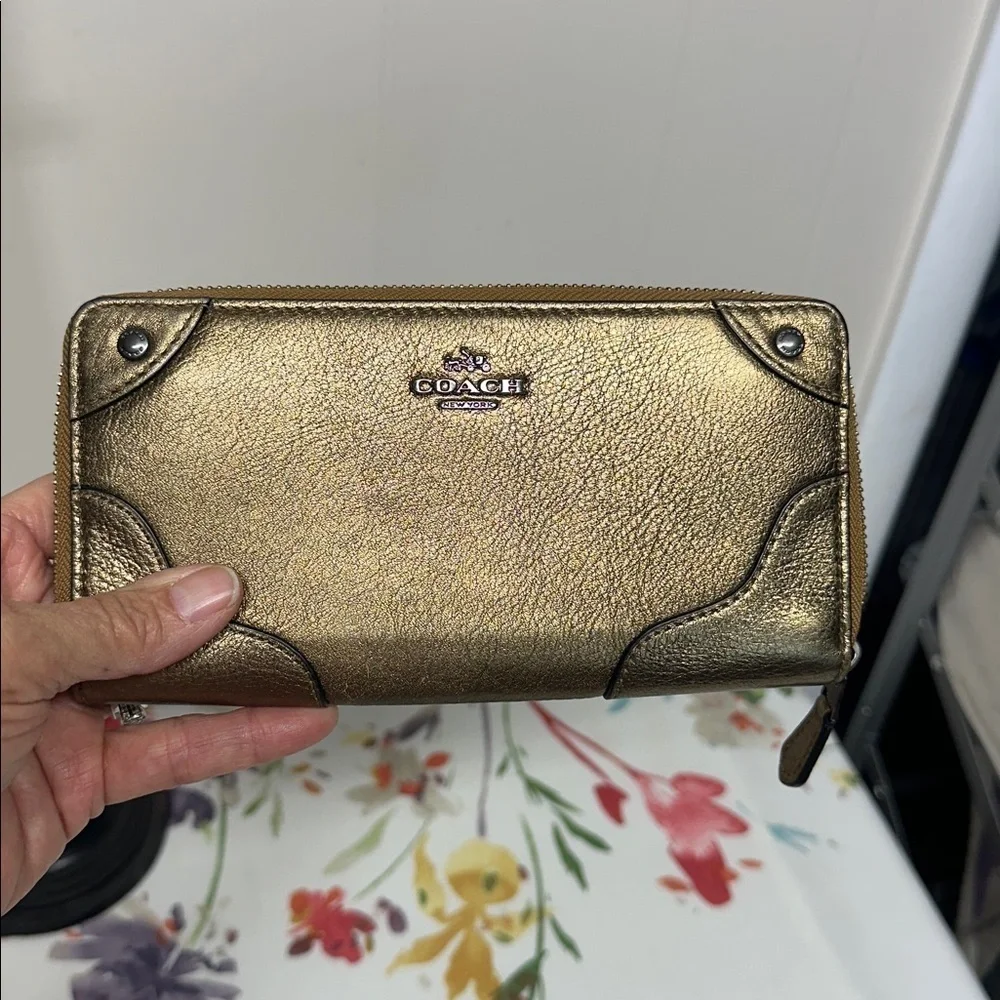 Coach Mercer Metallic Bronze Leather Zip-Around Credit Card Long Wallet